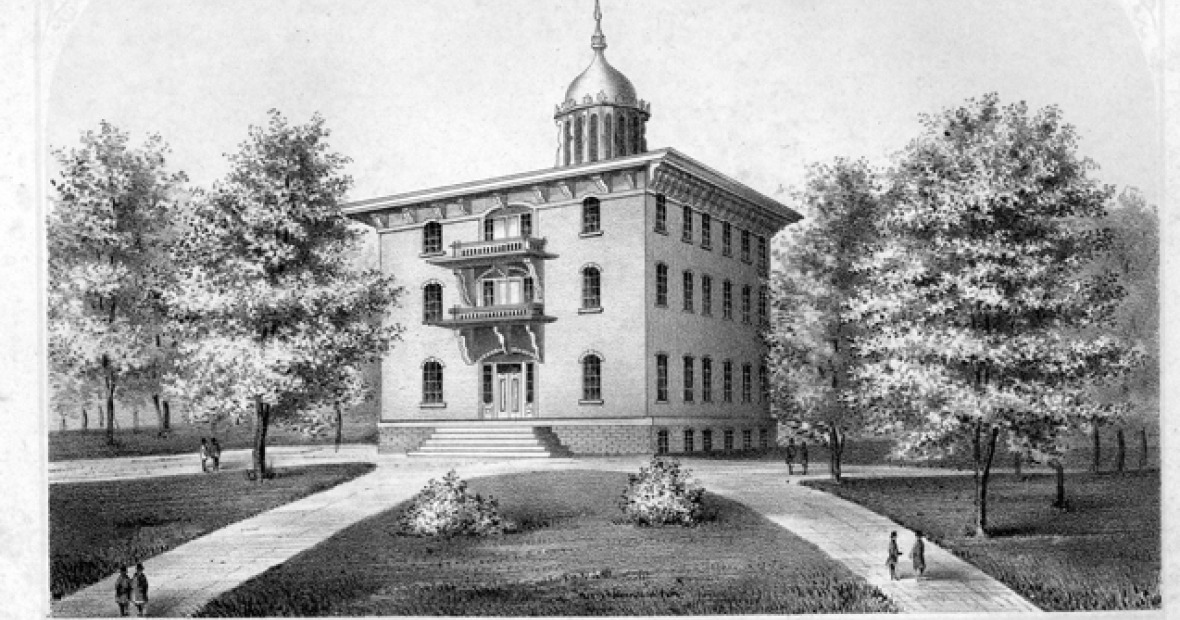 Black and white engraving shows a square three story building with a cupola and two balconies above the front door at the crossroads of several walkways and surrounded by trees and broad lawns