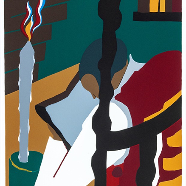 Print titled "Contemplation", by Jacob Lawrence, showing a man in a high-backed ladder chair from behind as he studies a book by candlelight.