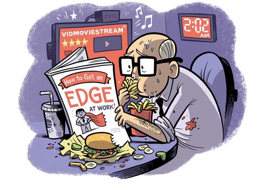 Cartoon of a stressed out guy staying late at work, eating junk food, and reading "How to Get an Edge at work"
