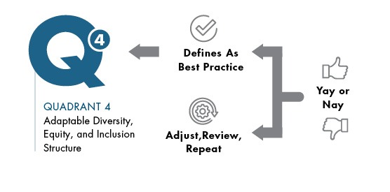 Yay or nay split arrow to adjust, review, repeat or to defines as best practice followed by arrow to Quad 4 adaptable diversity, equity, and inclusion structure