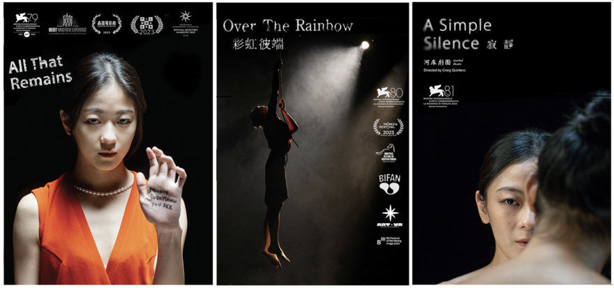 Three movie posters. The first shows an Asian woman in an orange dress, in the 2nd someone hangs onto a rope in the dark, and in the final one a woman stares at her reflection.