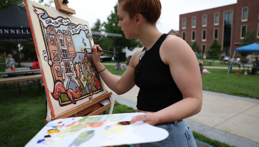 Artist Painting Picture Outside on Canvas