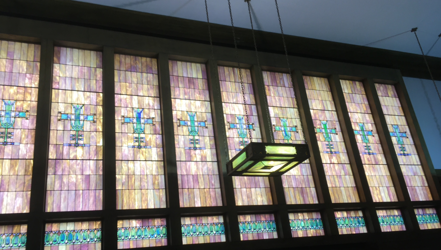 Stained glass inside Grinnell's famous Jewel Box Bank.