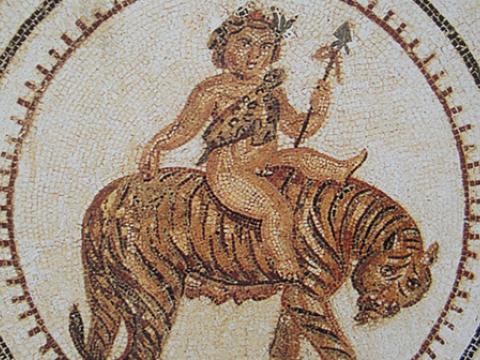 Mosaic of infant Baccus holding a spear and riding a tiger