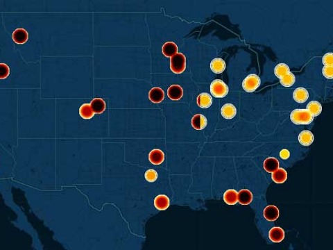 A map of the US with hotspots of varying brightness