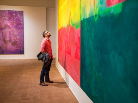 museum guest peering up at a painting