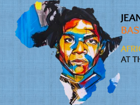 Poster of Jean-Michel Basquiat's film Africa at the Heart film with image of a face with broad strokes of color superimposed on map of Africa