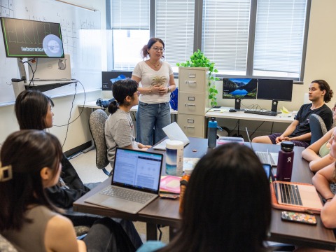 Students working on MAPS with Fernanda Eliott, Assistant Professor of Computer Science, in the ELBICA lab in the Noyce Science Center July 14, 2023. 