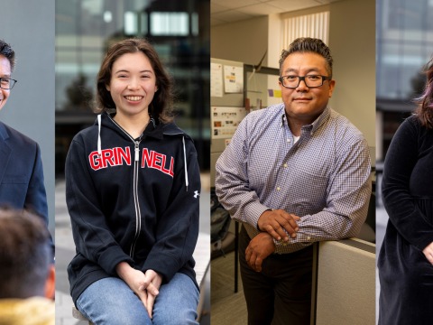 Four vertical images of Grinnell's first-generation features. One person teaching, two students sitting, and one staff member leaning over in their cubicle.