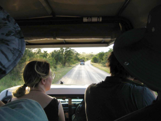 Looking out the front window of a jeep on a game drive, with a young woman sitting in the front seat.