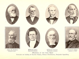 Sepia image members of the Iowa Band shows Alden B. Robbins, William Salter, Edwin B. Turner, Ebenezer Alden, Daniel Lane, Harvey Adams, Ephraim Adams and James J. Hill. Noted: Portraits are lacking of Erastus Ripley, Horace Hutchinson, Benjamin Spaulding