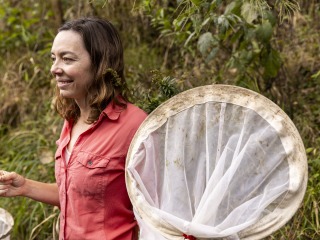 A woman wears a pink button down shirt and stands in a river with a large butterfly net.