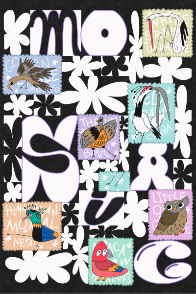 MOSAIC Cover for Spring 2024. The letters spelling "MOSAIC" spread across a page in black and white unique font types, surrounded by white flower shapes and colorful stamps with bird doodles on them 